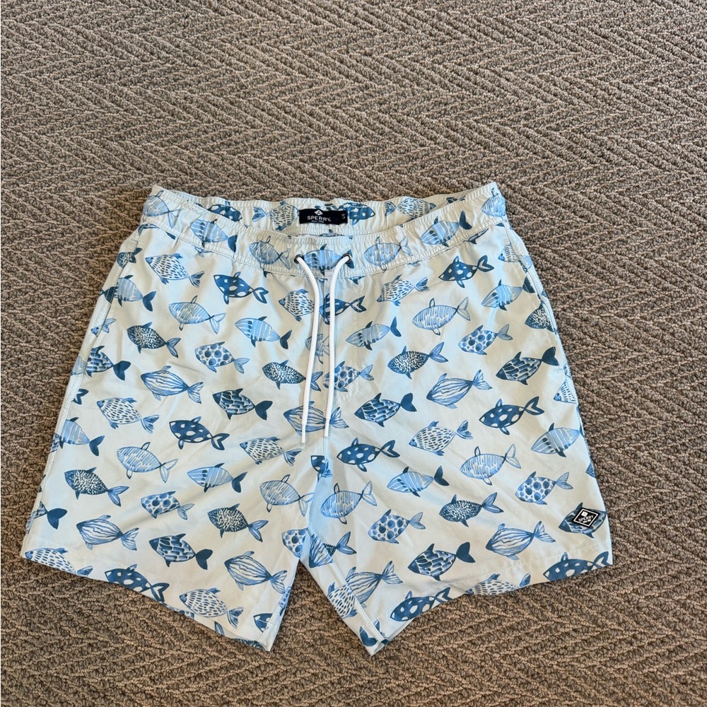 Sperry Blue and White Whale Print Swim Trunks